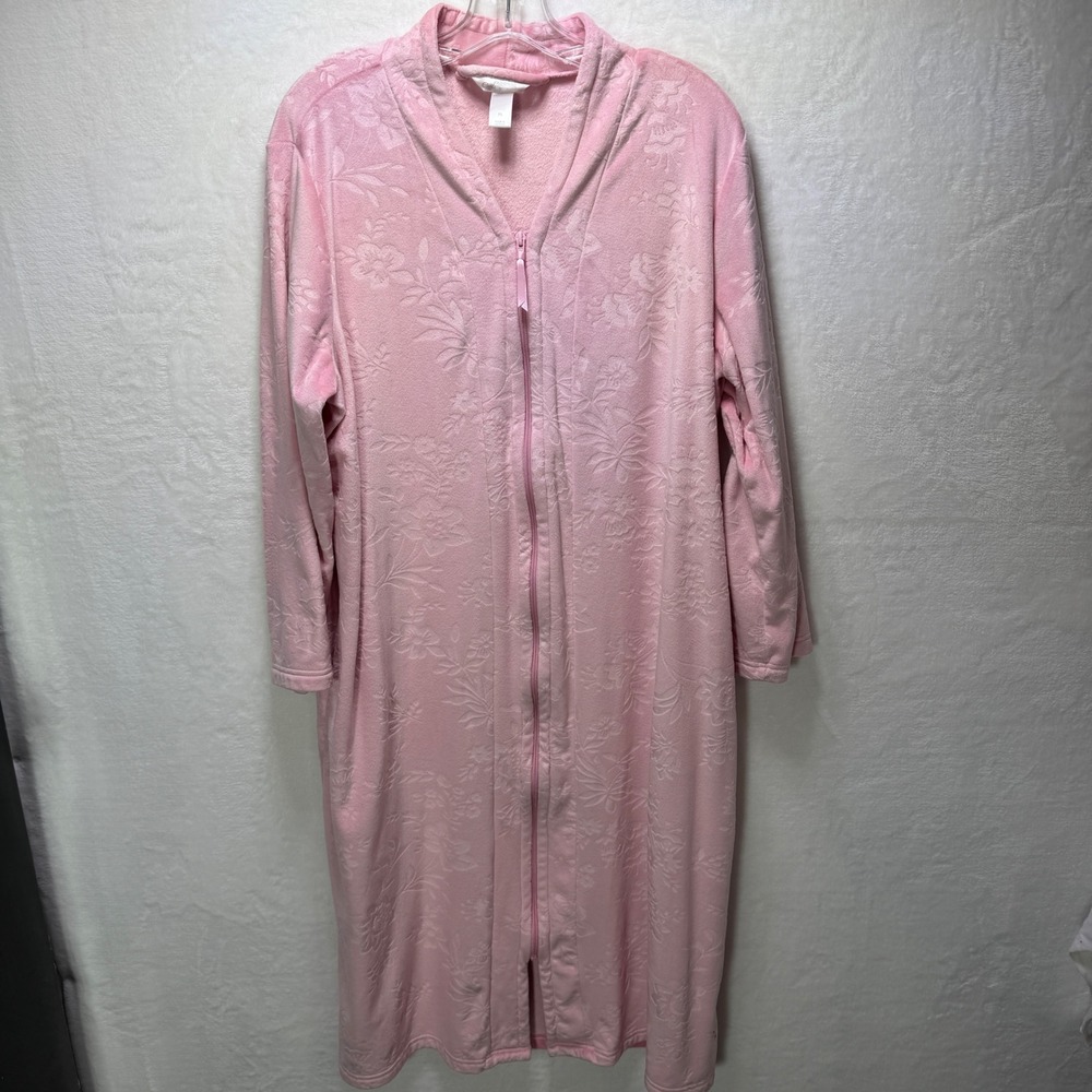Adonna Sleepwear Pink Floral Embossed Plush Fleece Full Zip Robe Midi XL